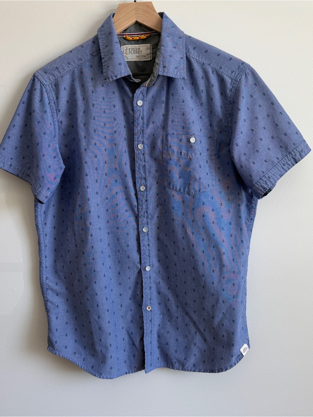 Free Planet Short-Sleeve Button-Down in Denim Blue with Micro Anchor Print